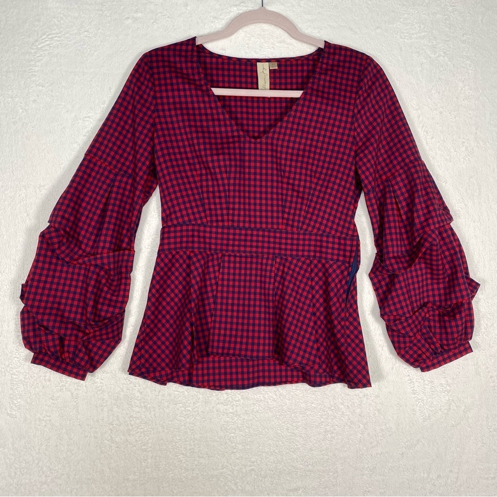 Allison Joy Gingham Peplum Top XS‎ Red Navy Puff Sleeve Tiered V-Neck Americana